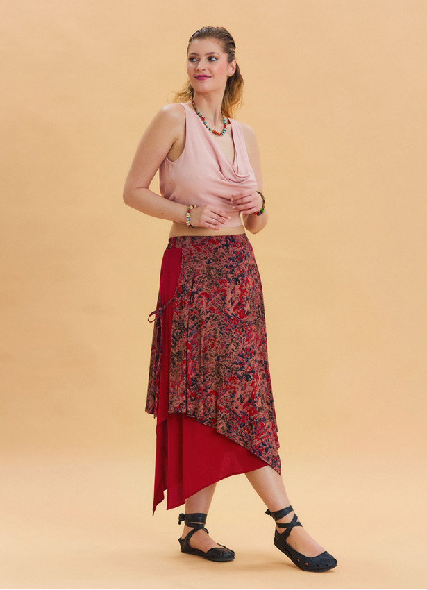 Red Ethnic Skirt with Tie Detail and Elastic Waist Pattern 4522